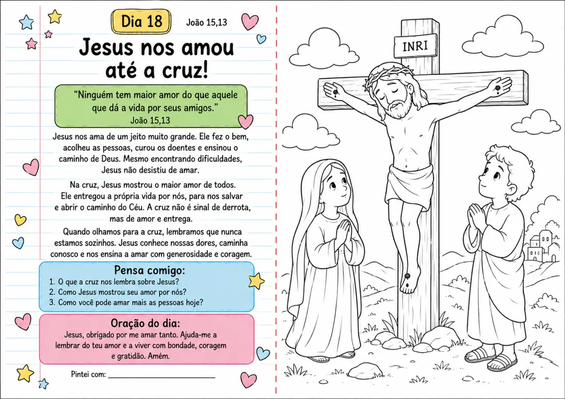 Página de amostra do devocional com reflexão, oração do dia e desenho para colorir