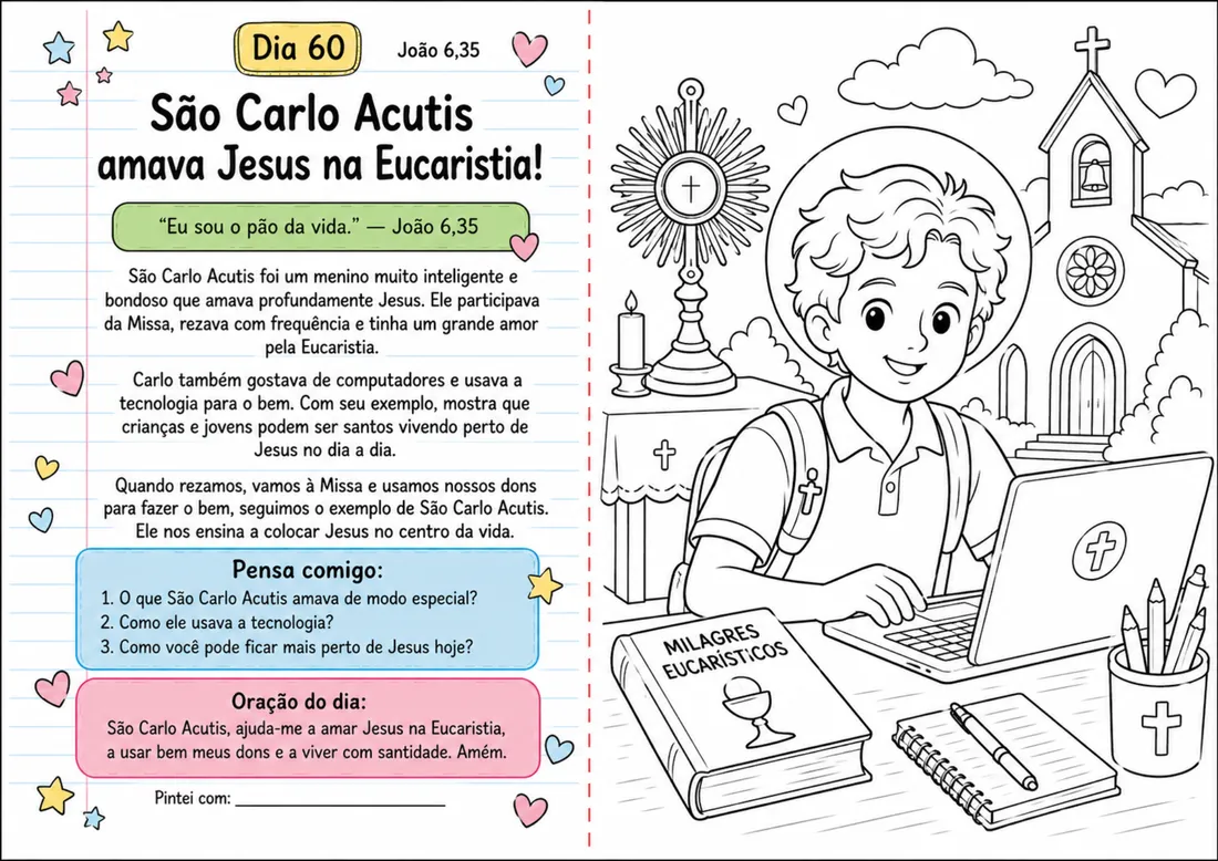 Página de amostra do devocional com reflexão, oração do dia e desenho para colorir